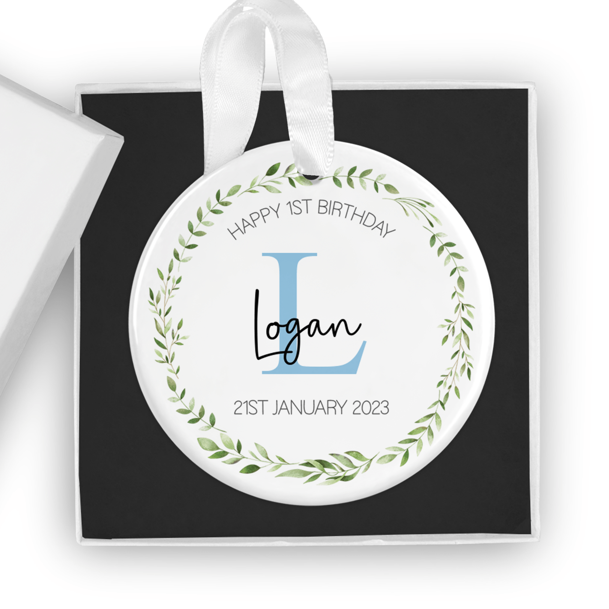 Personalised Birthday Ornament – Blue Initial Ceramic Keepsake with Gift Box - Chicken Craft Ltd
