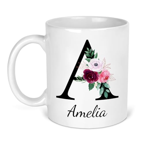 Personalised black floral initial and name ceramic mug.