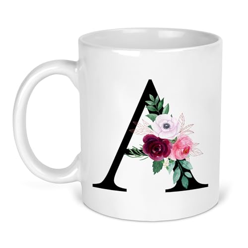 Personalised black floral initial ceramic mug with optional name.