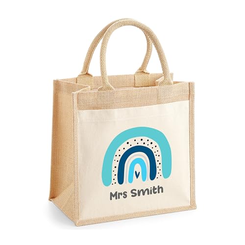 Personalised Blue Boho Rainbow Jute Tote Bag with Name
