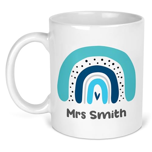 Blue Boho Rainbow teacher name mug on white ceramic
