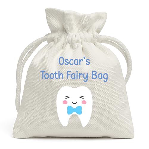 Blue bow tooth fairy drawstring pouch personalised with a child's name.