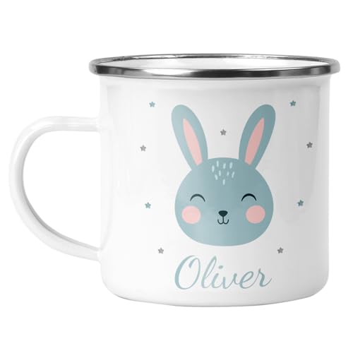 Personalised Blue Bunny Enamel Easter Mug with Name with Blue Bunny design