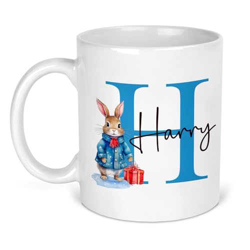 Blue Bunny Initial Christmas ceramic mug with initial and name