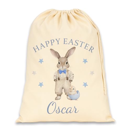 Personalised blue bunny with stars Easter sack with name.