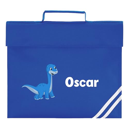 Blue school book bag with cartoon dinosaur and personalised name