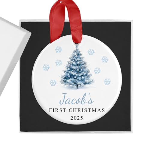 Personalised Blue Christmas Tree First Christmas Bauble with Box