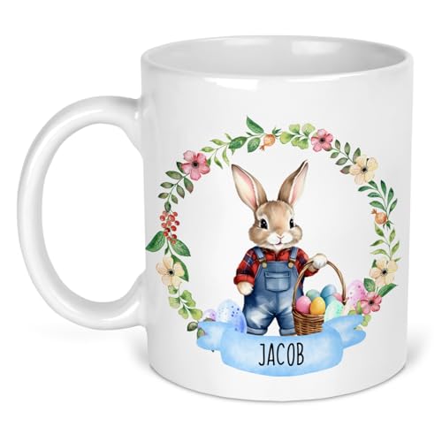 Blue Easter bunny ceramic mug with name and floral wreath design