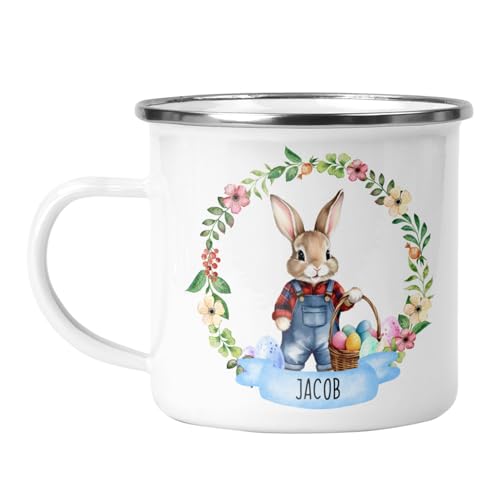 Blue Easter bunny enamel mug with name and floral wreath design