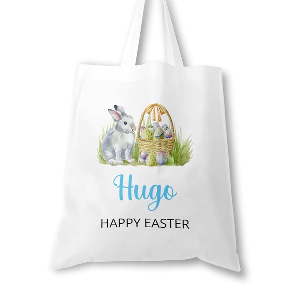 Personalised Blue Easter bunny tote bag with name and Happy Easter