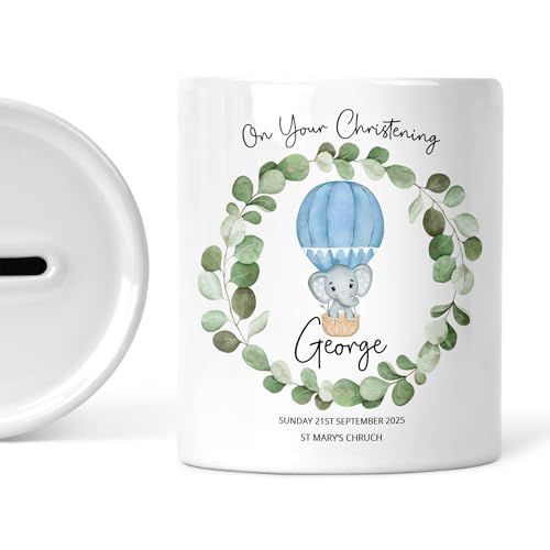 Blue Elephant Christening ceramic money box with personalised details