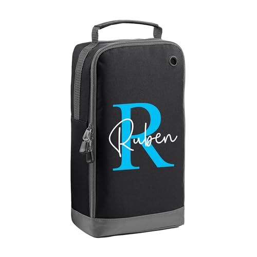 Black kids boot bag with blue initial and custom name