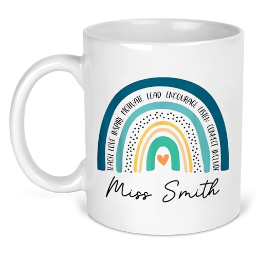 Blue Rainbow teacher name mug on white ceramic