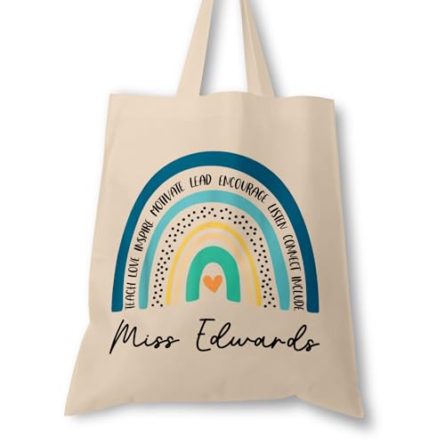 Personalised Blue Rainbow teacher tote bag with name