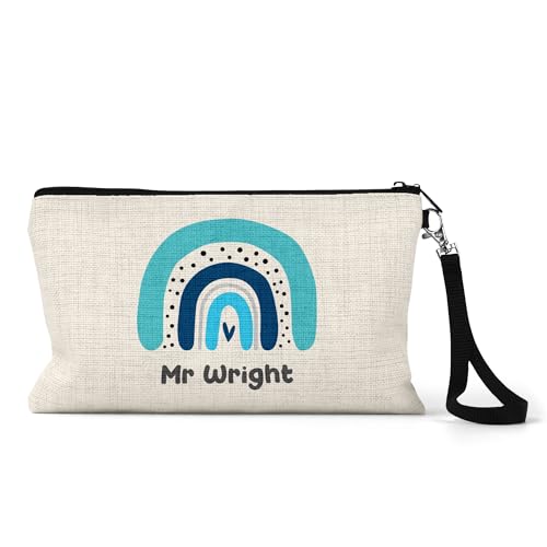 Personalised teacher pencil case with blue rainbow, heart and name.