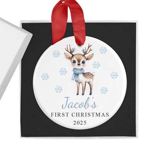 Personalised Blue Reindeer First Christmas Bauble with Box