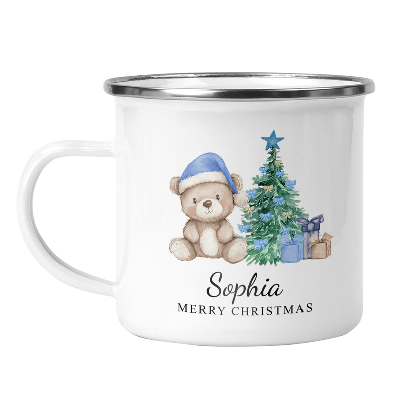 Personalised Blue Teddy Bear Enamel Mug shown with printed design