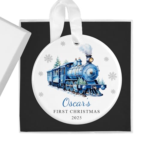 Personalised Blue Train First Christmas Bauble with Box