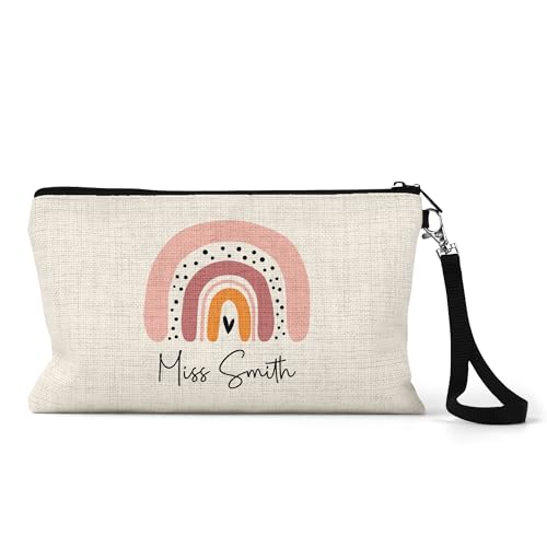 Natural teacher pencil case with blush rainbow design and custom name