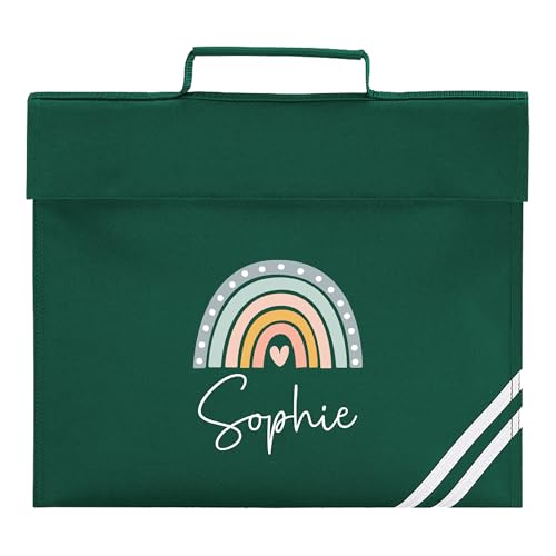 Dark green school book bag with boho rainbow heart design and personalised name.