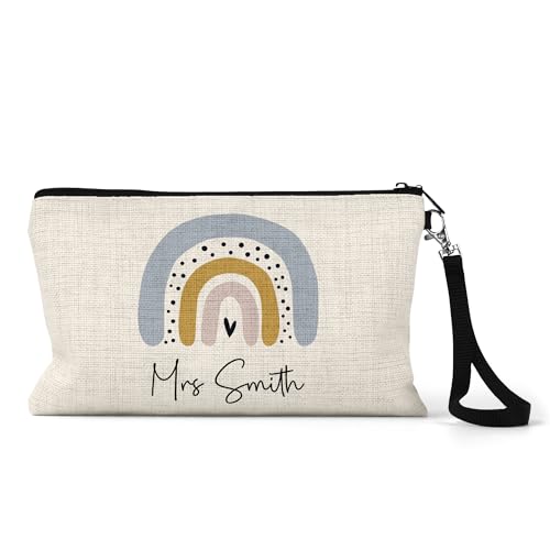 Personalised teacher pencil case with boho rainbow, heart and name.
