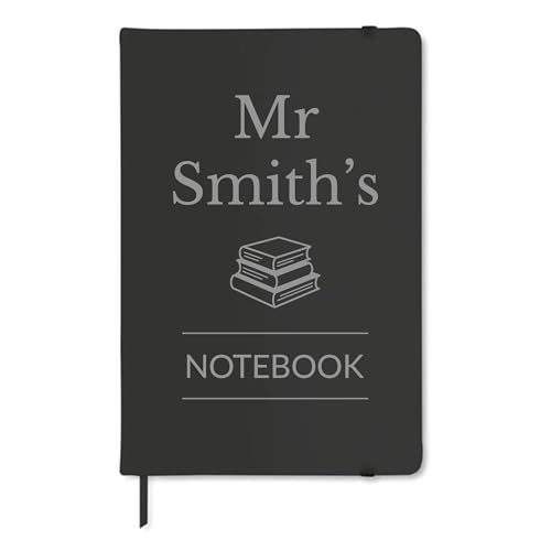 Black A5 teacher notebook with stacked book design and custom name.