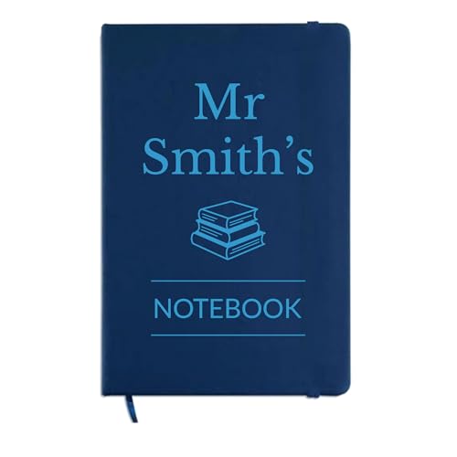 Blue teacher notebook with stacked books design and custom name