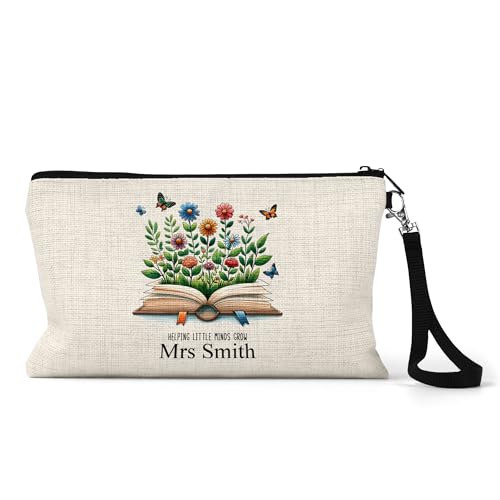 Personalised teacher pencil case with book, flowers, butterflies and name.