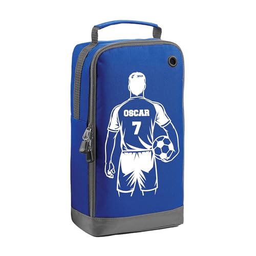 Blue boot bag with football shirt graphic, name and number