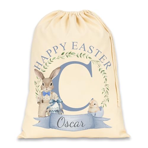 Blue bunny and chick Easter gift bag with name and initial
