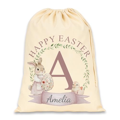 Pink bunny and chick Easter gift bag with name and initial