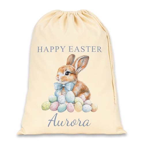 Personalised bunny with blue bow Easter sack with name.