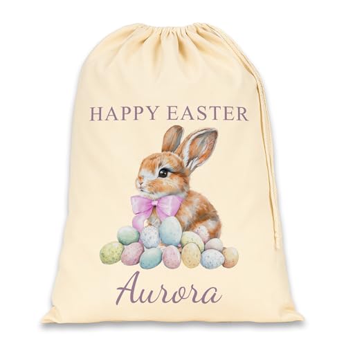 Personalised bunny with pink bow Easter sack with name.