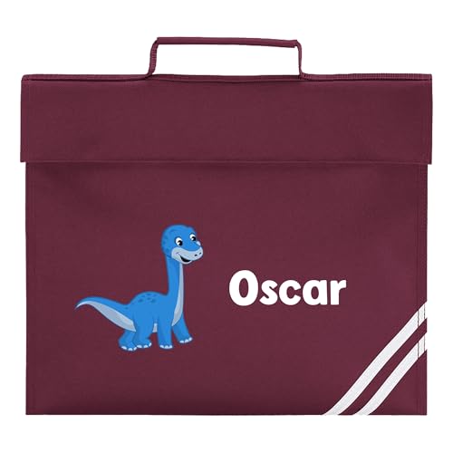 Burgundy dinosaur school book bag with rounded white name print.