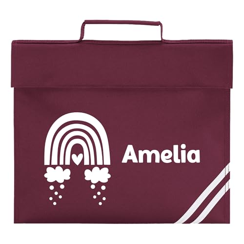 Burgundy school book bag with white rainbow, clouds, heart and personalised name.