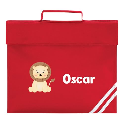 Personalised red school book bag with cartoon lion and child's name.