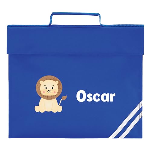 Blue school book bag with cartoon lion design and personalised name.