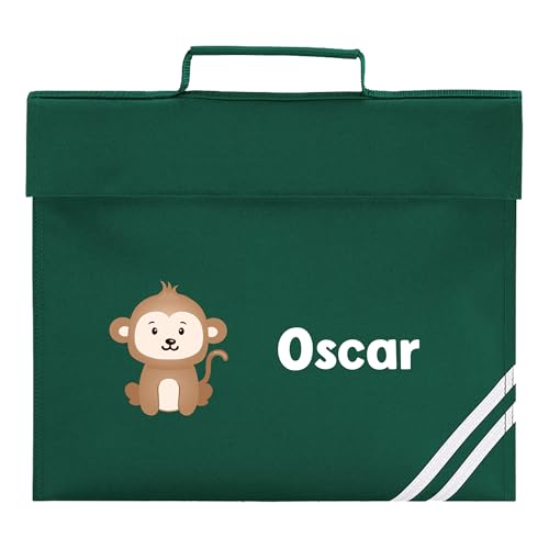 Dark green school book bag with cartoon monkey and personalised white name.