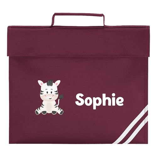 Burgundy school book bag with cartoon zebra, white stripe accents and personalised name.