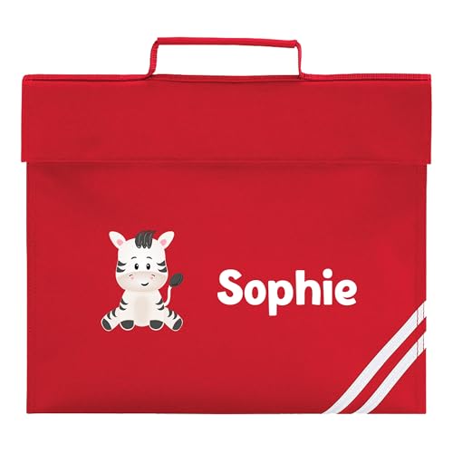 Red school book bag with cartoon zebra and personalised name.