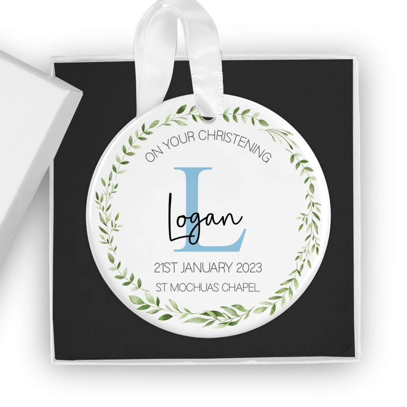 Personalised ceramic ornament with a delicate blue initial