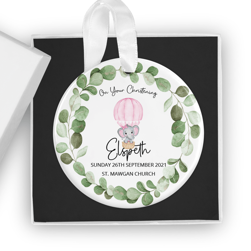 Personalised ceramic ornament with a soft pink hot air balloon and elephant design