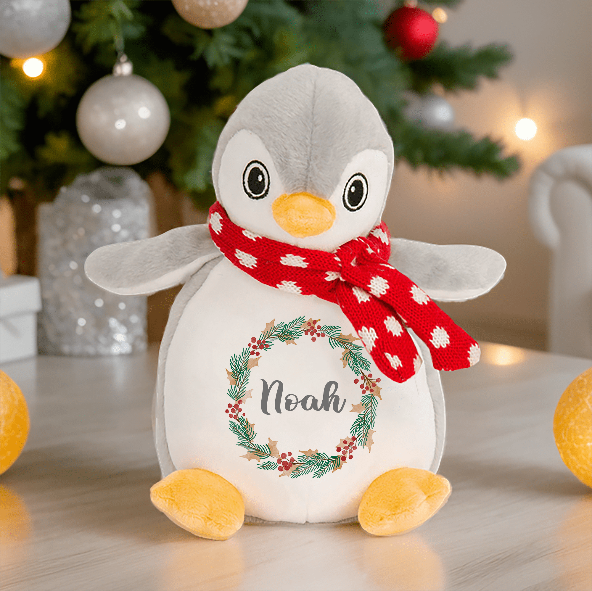 Personalised Christmas Penguin Teddy – Custom Name Soft Toy with Festive Wreath Design - Chicken Craft Ltd