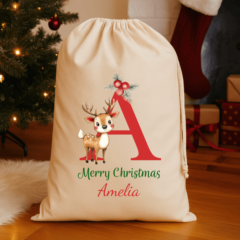 Personalised natural Christmas sack with reindeer design and name and initial