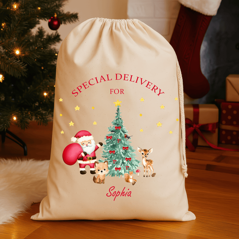 Personalised natural Christmas sack with woodland Santa and friends design and printed name