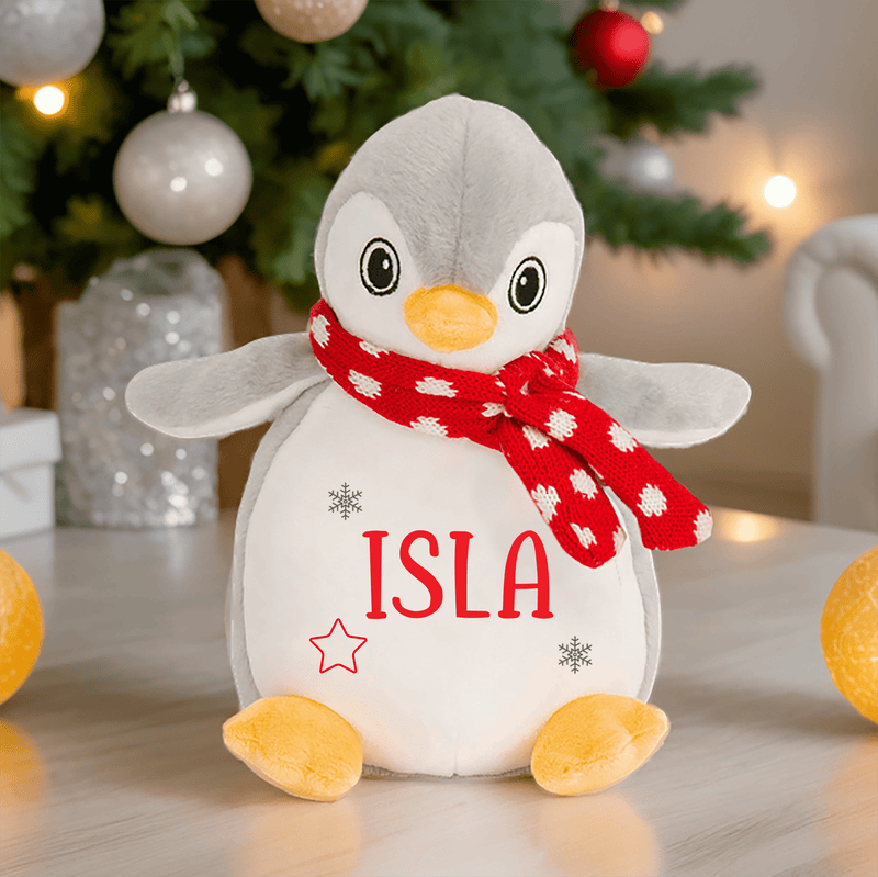 Personalised Christmas Penguin Soft Toy with Stars showing stars
