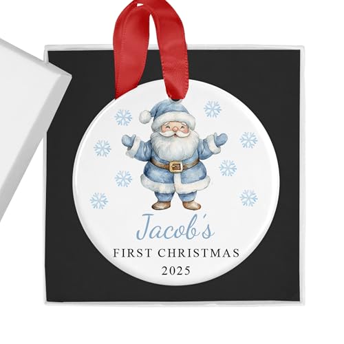 Personalised Classic Blue Santa First Christmas Bauble with Box