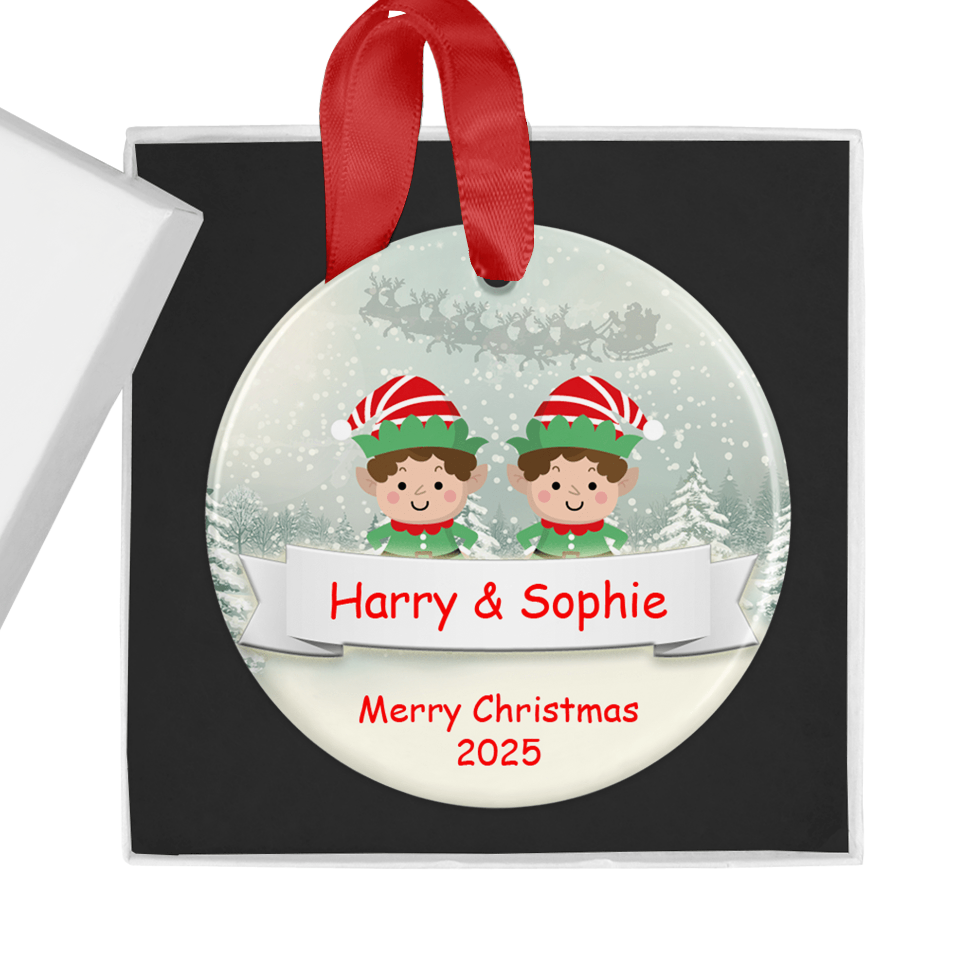 Personalised Couples Elf Christmas Ornament – Custom Name Bauble for Couples with Gift Box - Chicken Craft Ltd