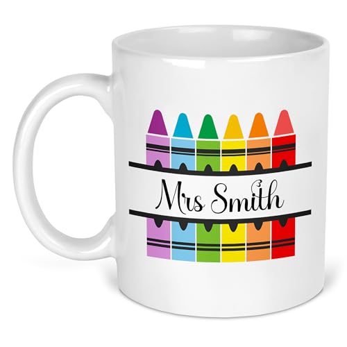 Crayons teacher name mug on white ceramic