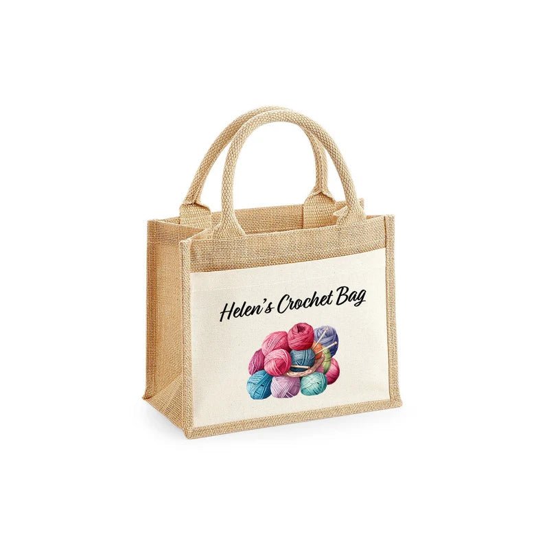 Personalised crochet jute project bag with printed name